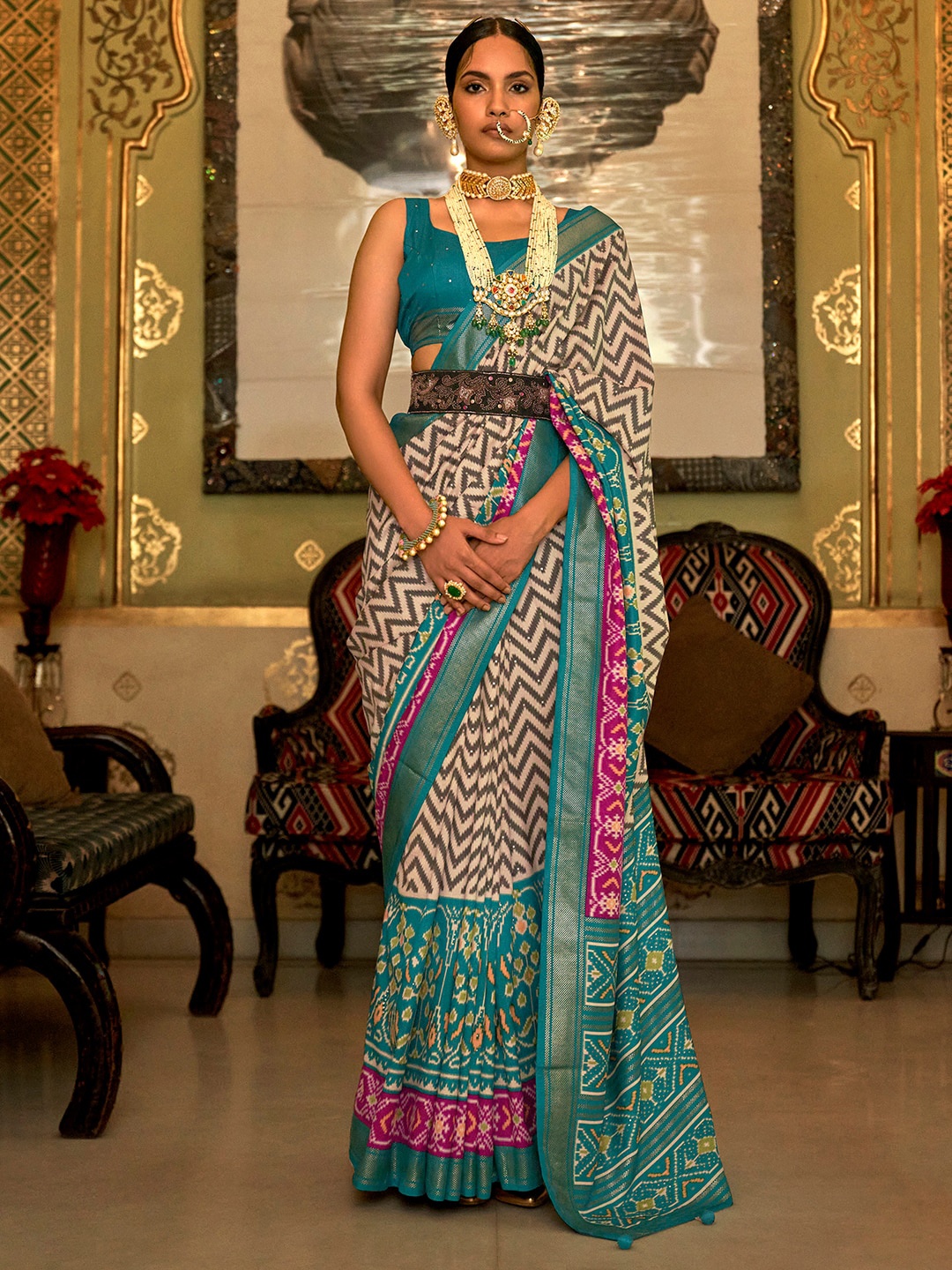

Anouk Ethinic Motif Printed Zari Patola Saree, Cream