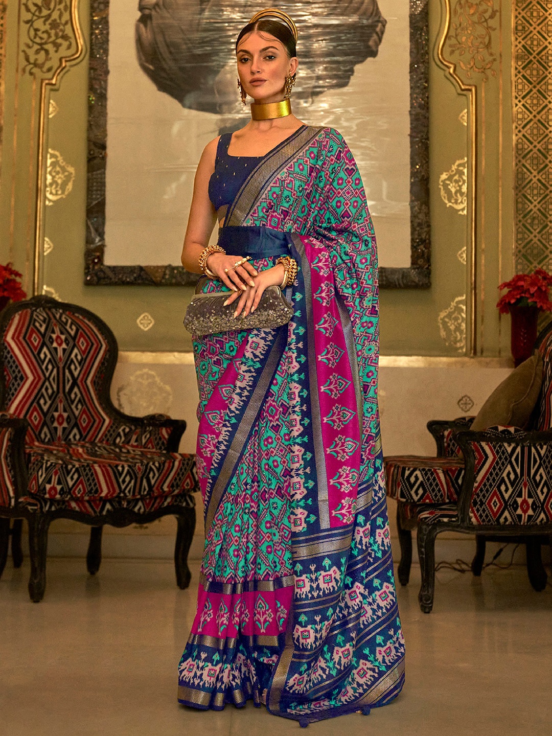 

Anouk Ethnic Motifs Zari Border Patola Saree, Blue