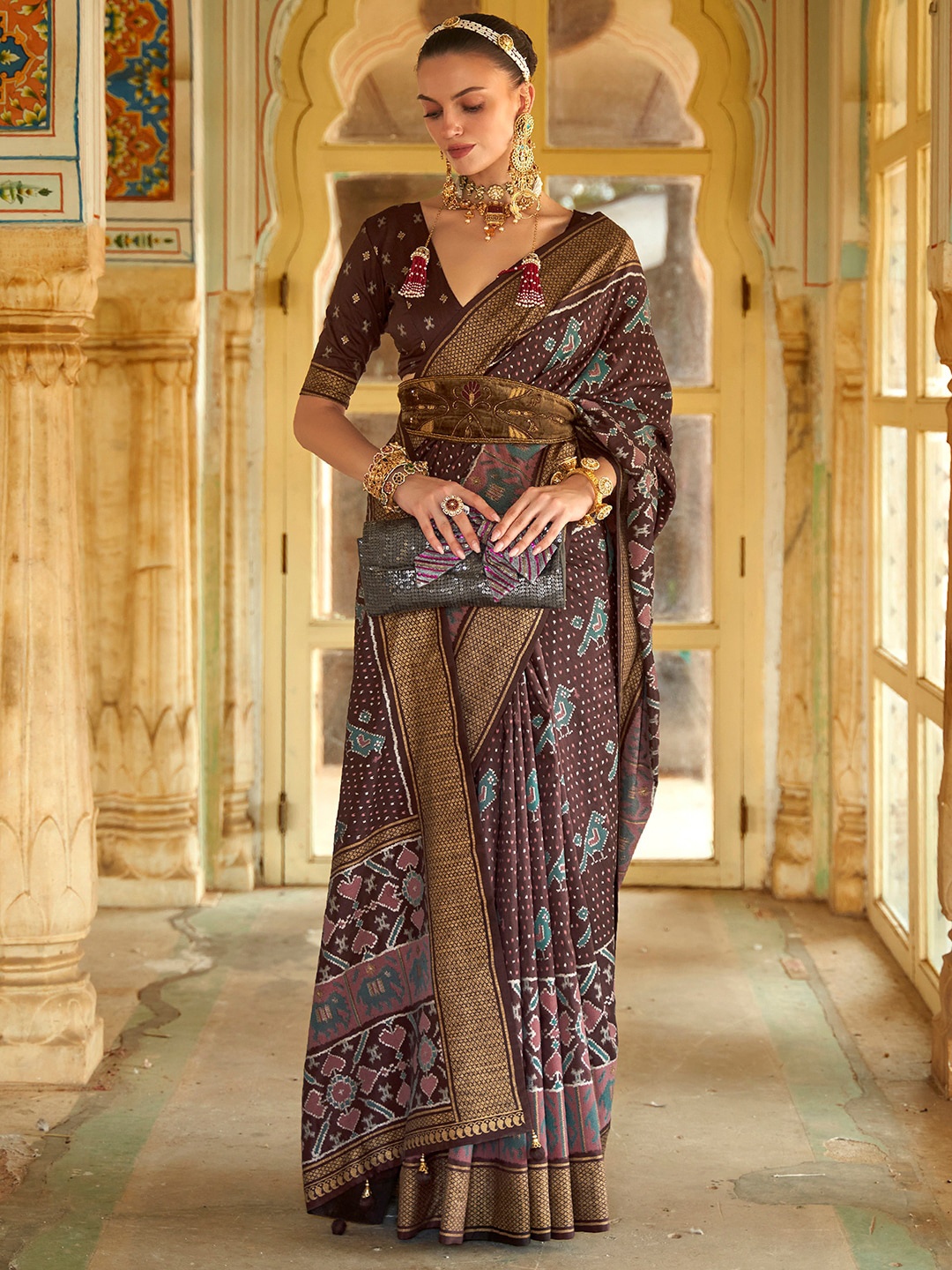 

Anouk Ethnic Motifs Woven Design Zari Patola Saree, Brown