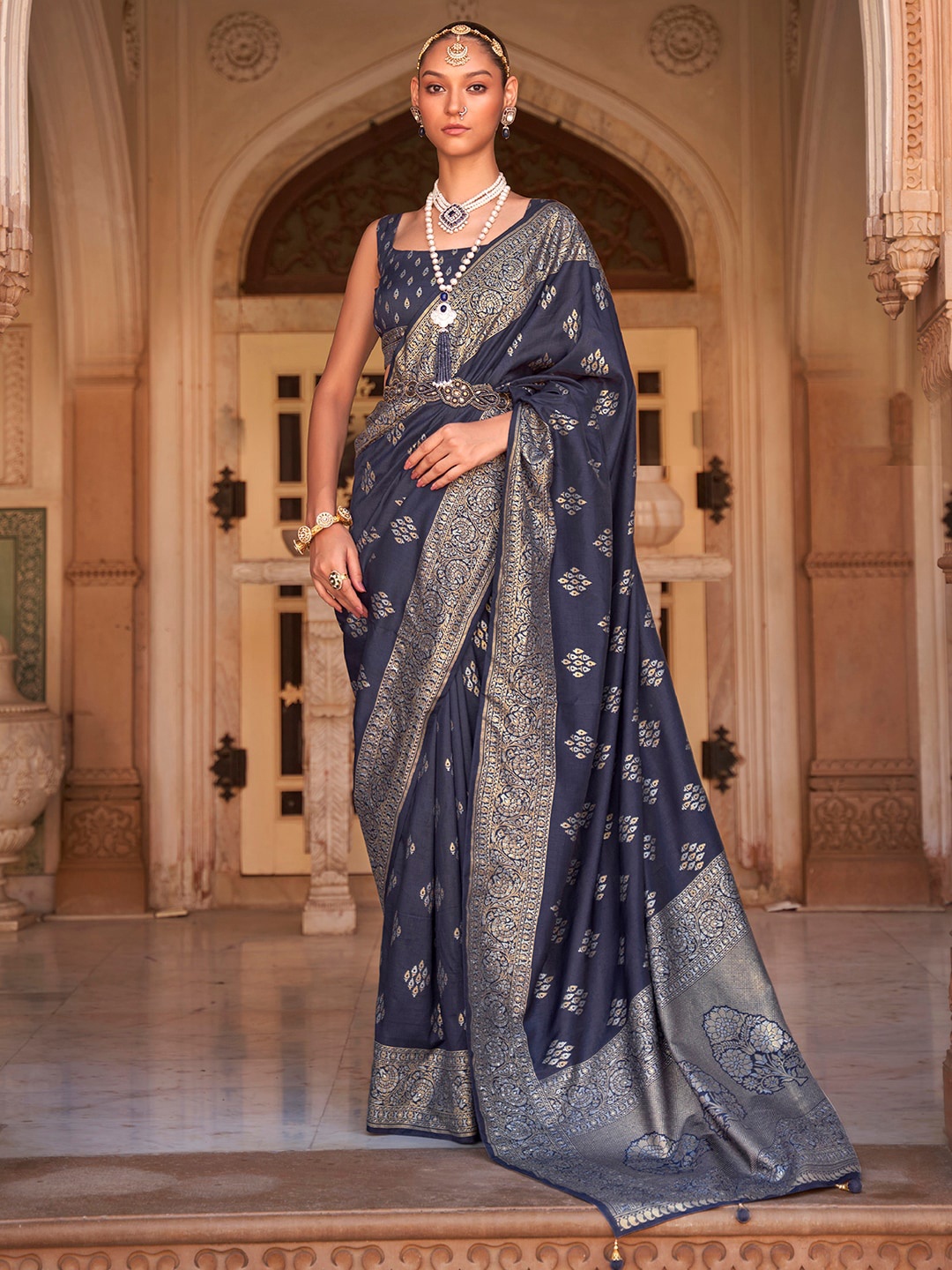 

Anouk Ethnic Motif Zari Silk Blend Banarasi Saree, Navy blue