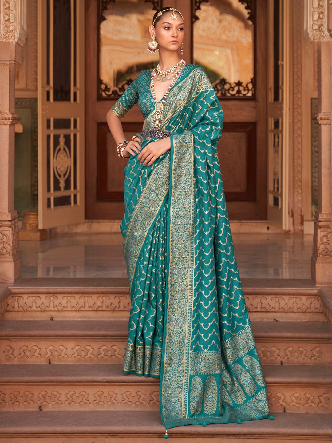 

Anouk Woven Design Zari Silk Blend Banarasi Saree, Teal