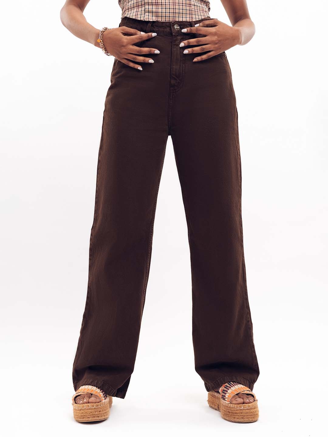 

FREAKINS Women Straight Fit High-Rise Pure Cotton Jeans, Brown