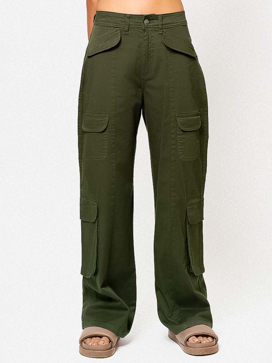 

FREAKINS Women Relaxed Fit High-Rise Pocket Detailed Stretchable Jeans, Olive