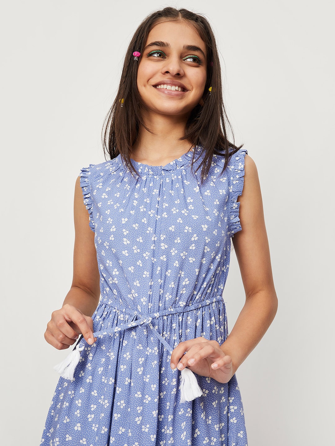 

max Girls Floral Printed Ruffles Midi Dress, Blue