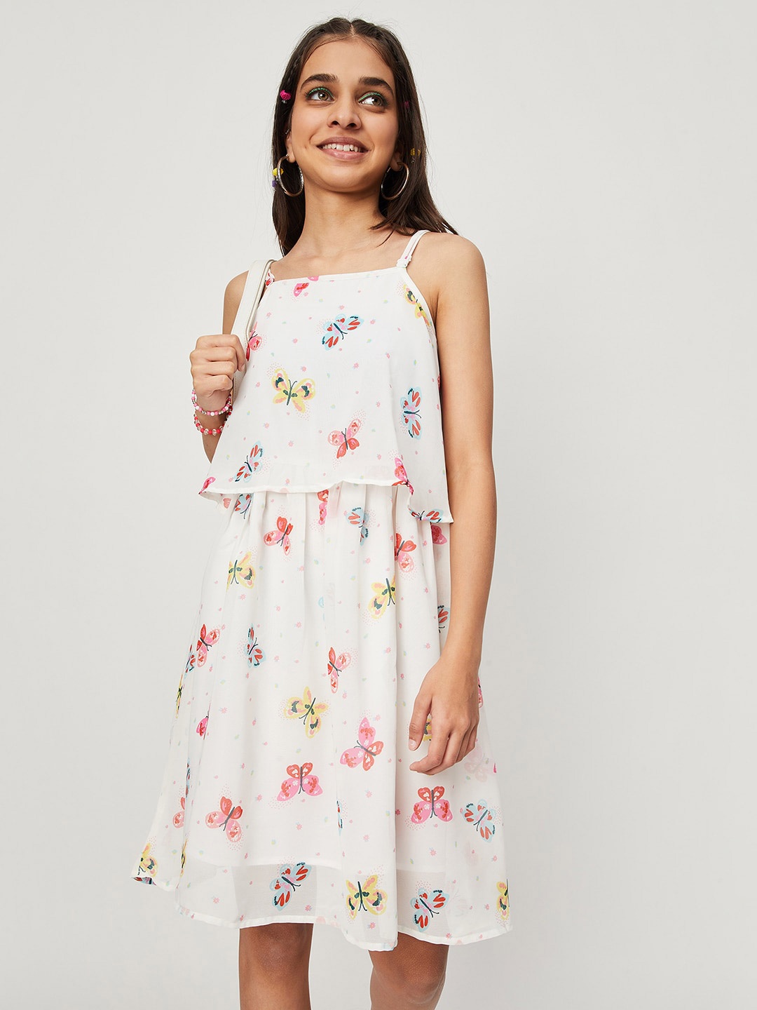 

max Girls Shoulder Straps Conversational Printed Layered A-Line Dress, White