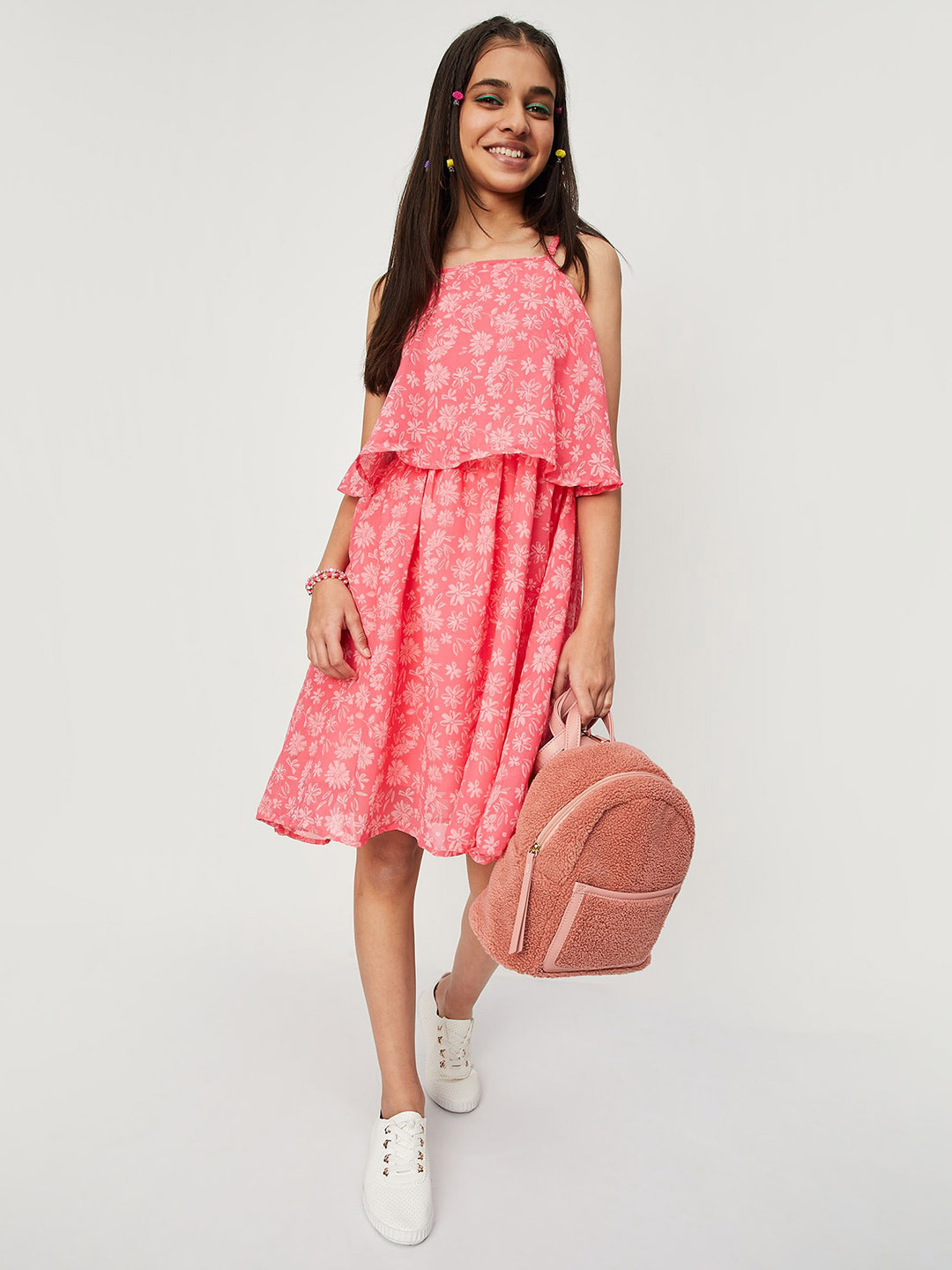 

max Girls Floral Printed A-Line Dress, Fuchsia