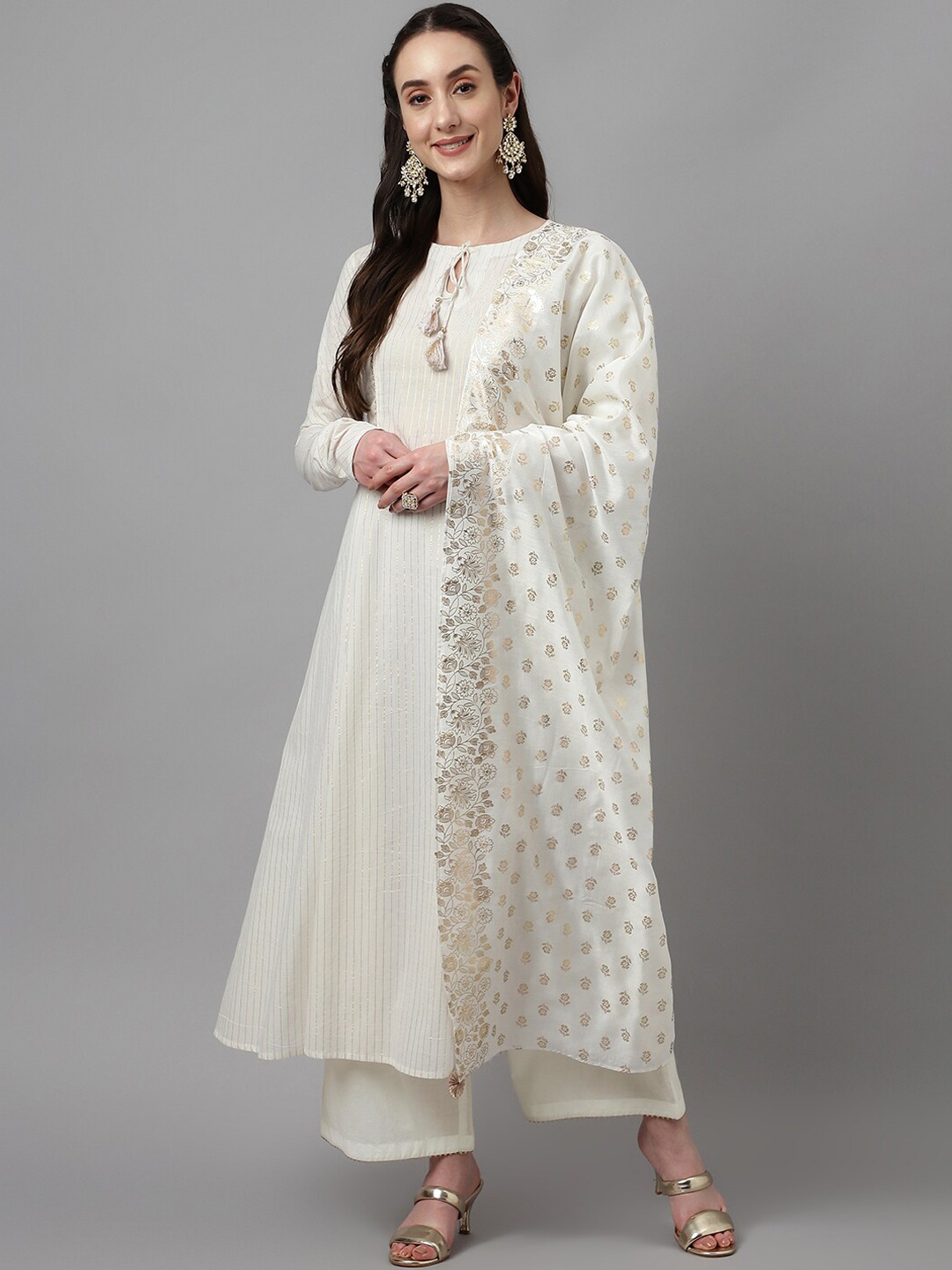 

FIORRA Striped Tie-Up Neck Anarkali Pure Cotton Kurta With Palazzos & Dupatta, Off white