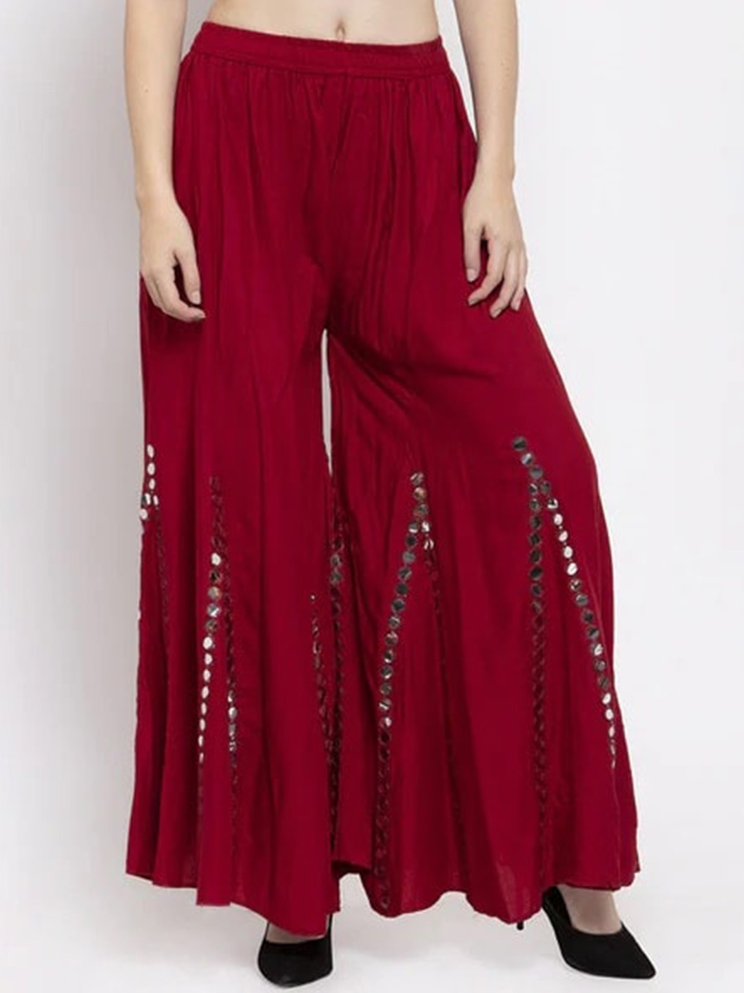 

BCZ Style Mirror Work Slip-On Flared Palazzos, Maroon