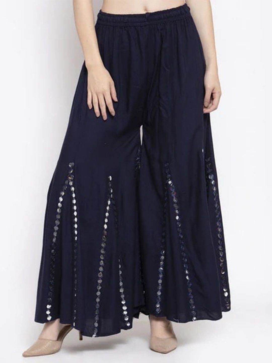 

BCZ Style Mirror Work Slip-On Flared Palazzos, Navy blue
