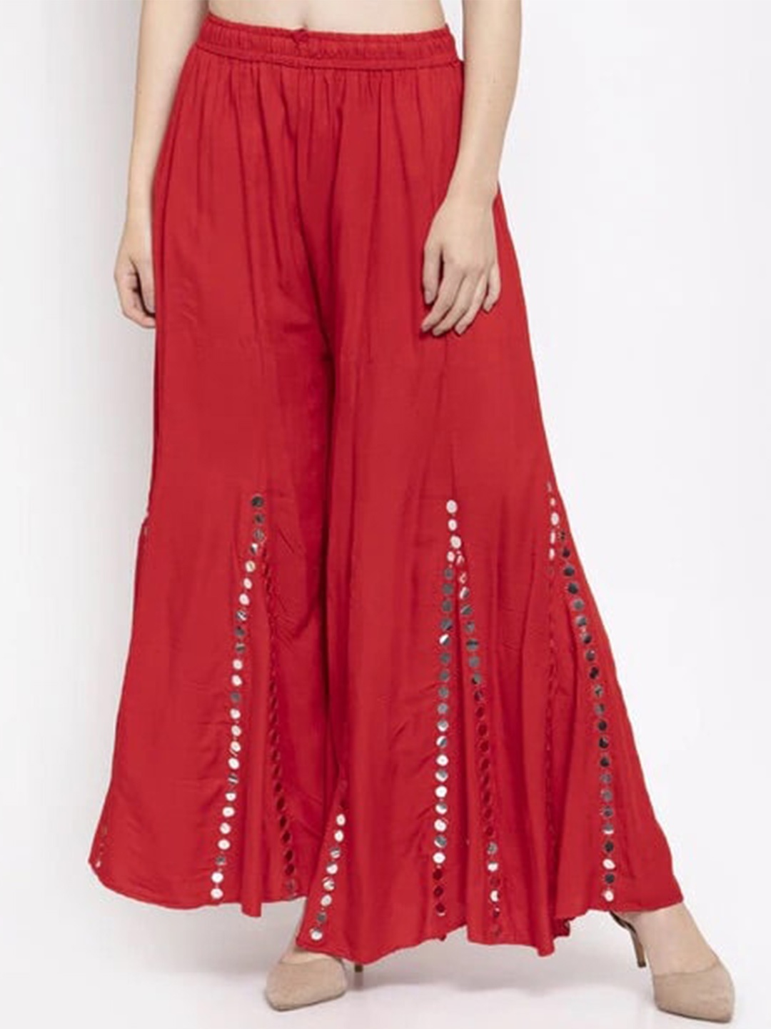 

BCZ Style Mirror Work Slip-On Flared Palazzos, Red