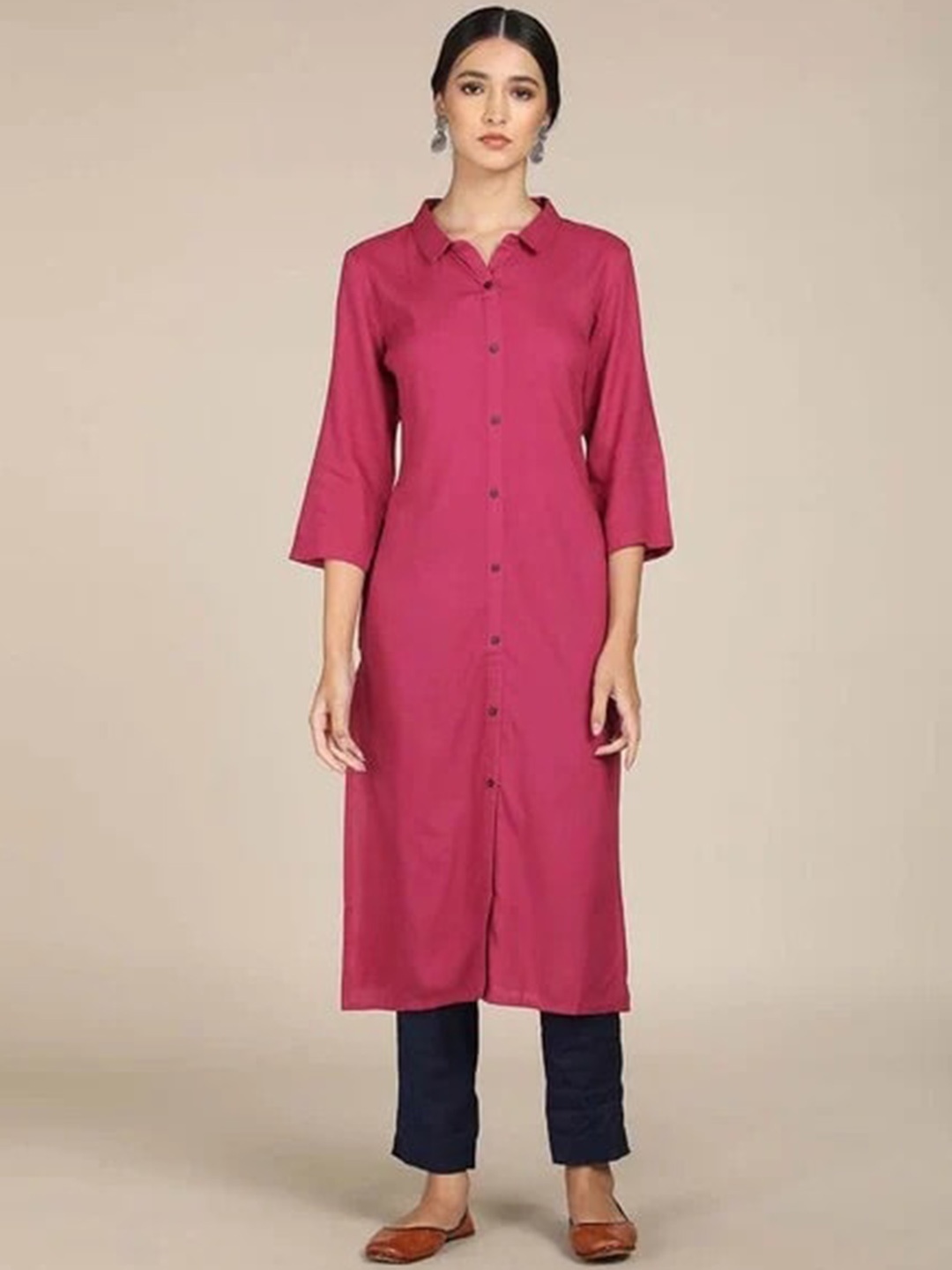 

BCZ Style Shirt Collar A-Line Kurta, Magenta