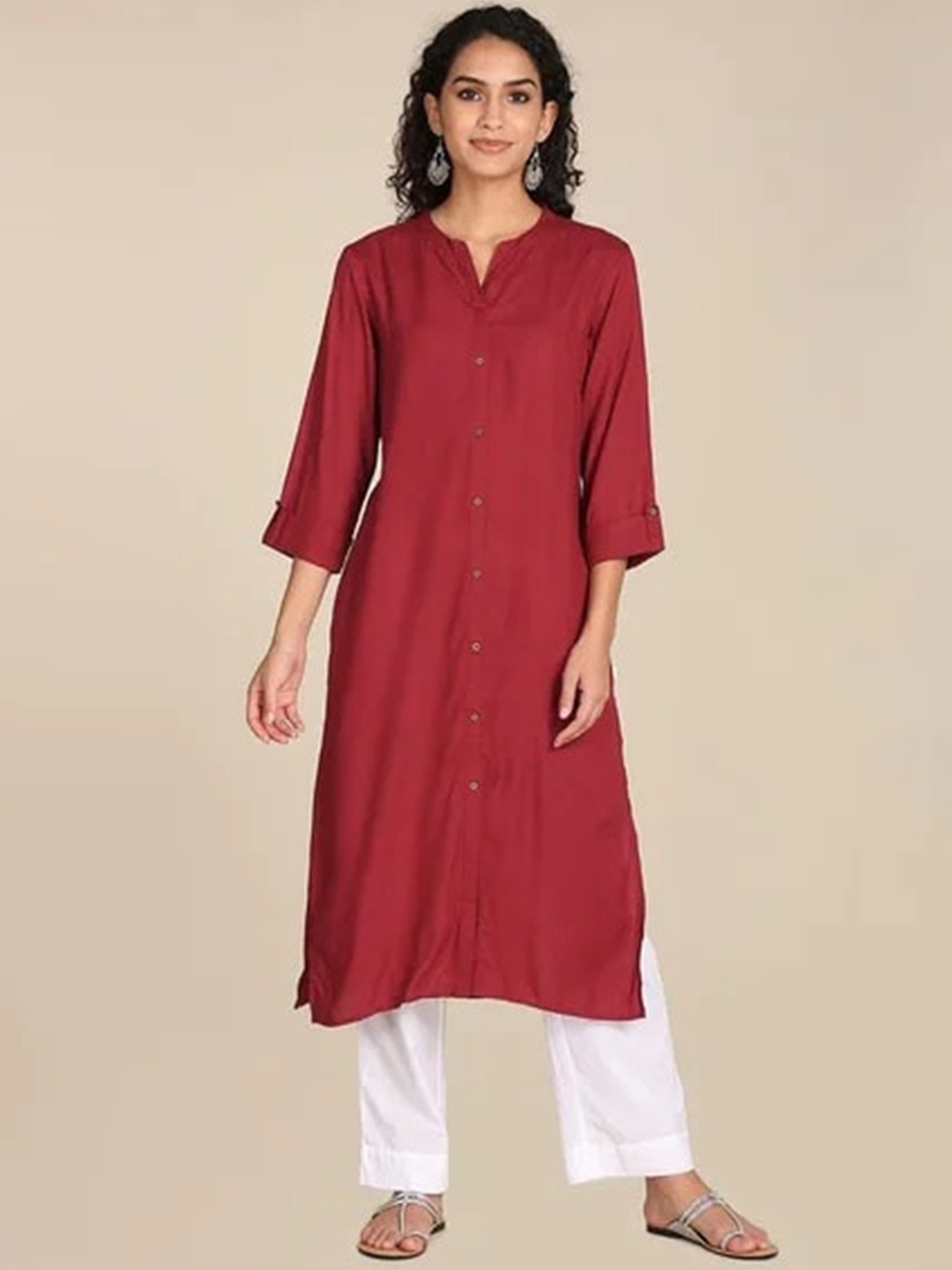 

BCZ Style Women Band Collar Kurta, Maroon