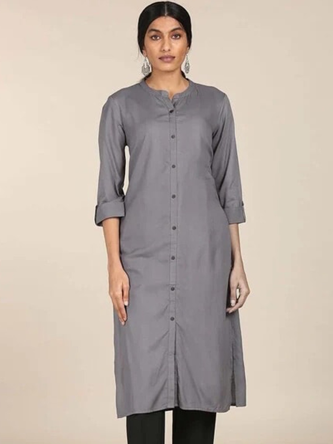 

BCZ Style Band Collar Roll-Up Sleeves Kurta, Grey