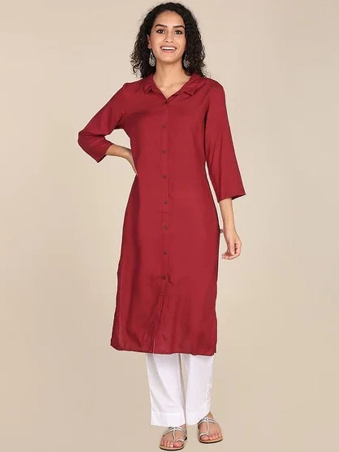 

BCZ Style Shirt Collar Handloom Straight Kurta, Maroon