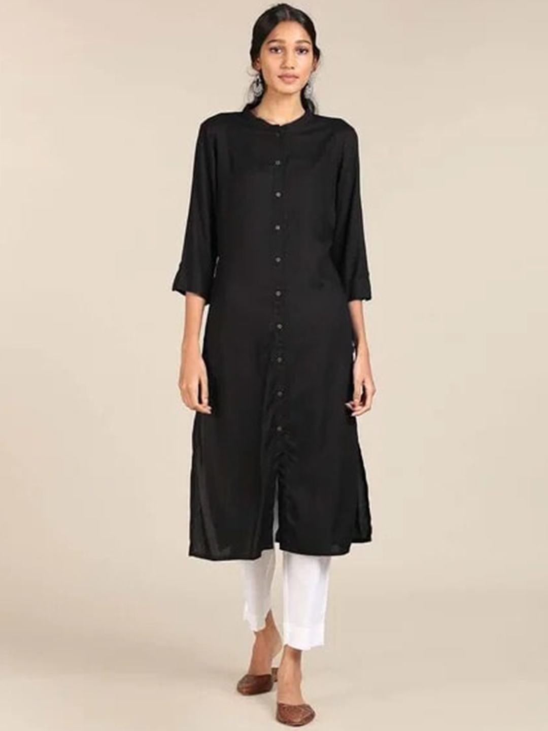 

BCZ Style Round Neck Roll-Up Sleeves Kurta, Black