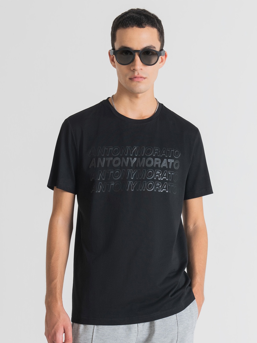 

Antony Morato Men Typography Printed Cotton Slim Fit T-shirt, Black