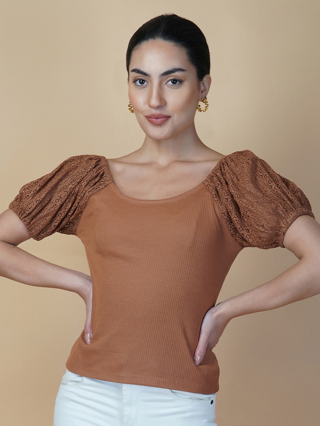 

RAASSIO Puff Sleeve Cotton T-shirt, Brown