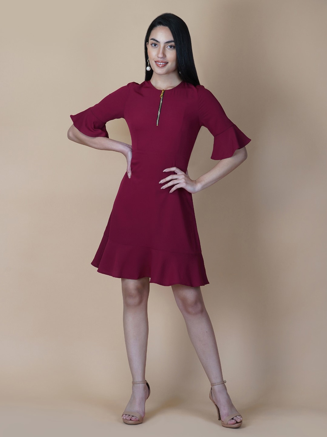 

RAASSIO Round Neck Flounce Hem Bell Sleeves Crepe A-Line Dress, Burgundy