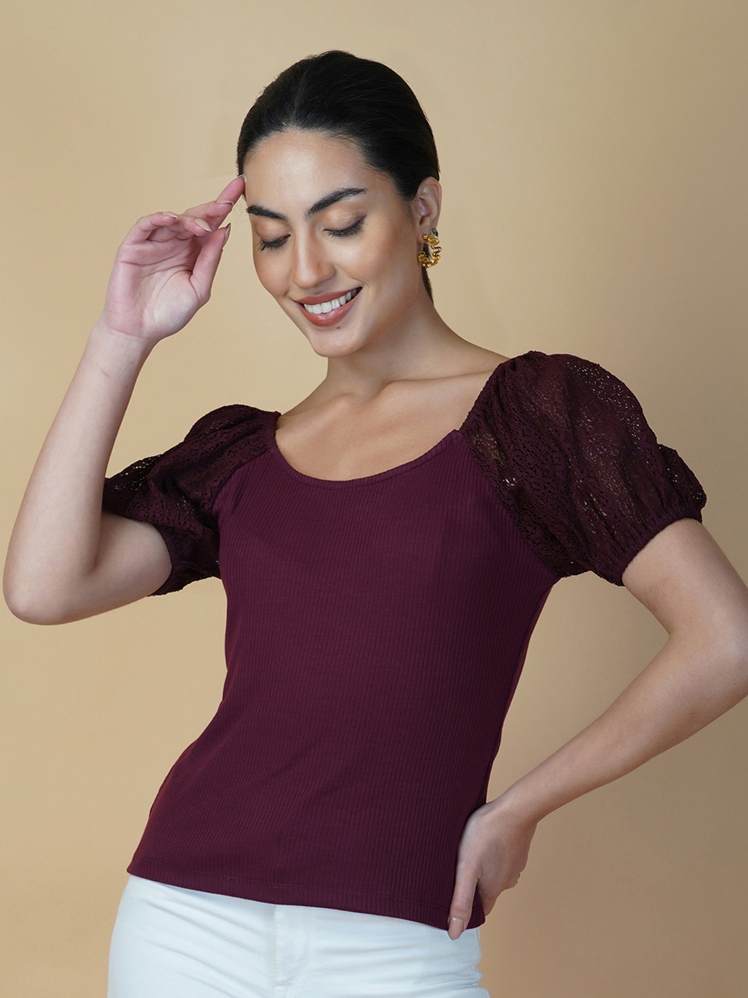 

RAASSIO Round Neck Puff Sleeves Cotton Top, Burgundy