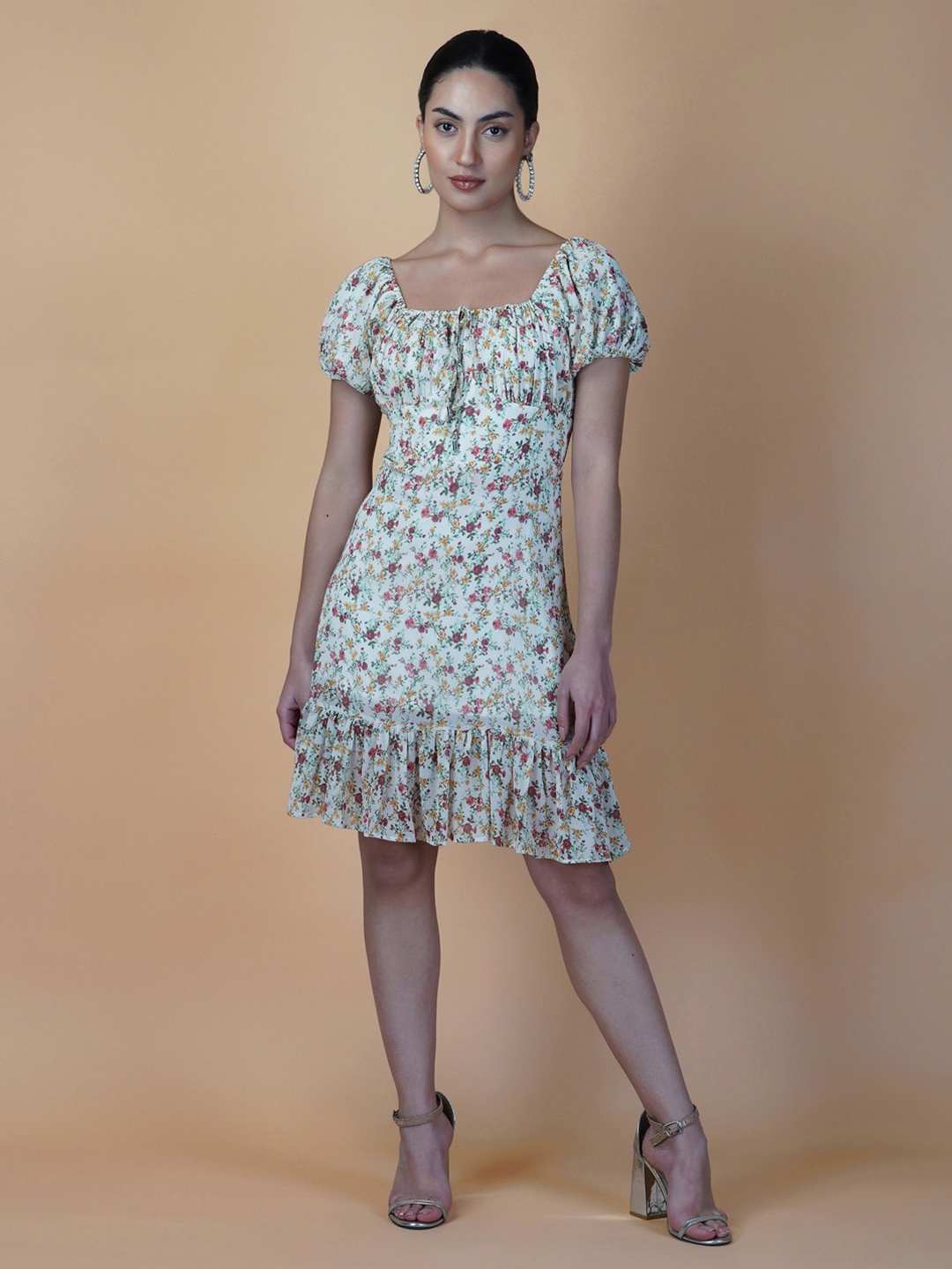 RAASSIO Sqaure Neck Floral Printed Georgette A-Line Dress, Off white