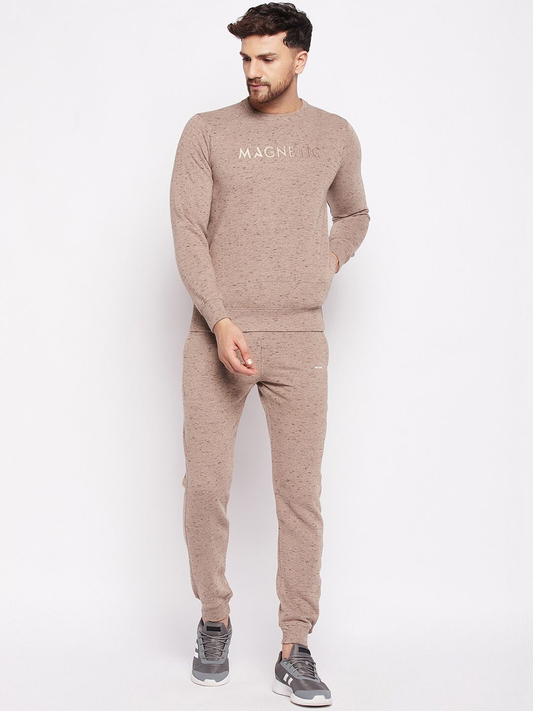 

98 Degree North Men Self-Design Fleece Tracksuits, Camel brown