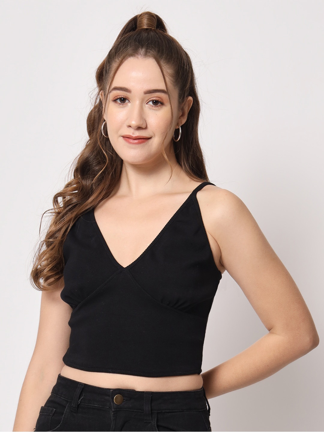 

CHARMGAL Shoulder Strap Cotton Crop Top, Black