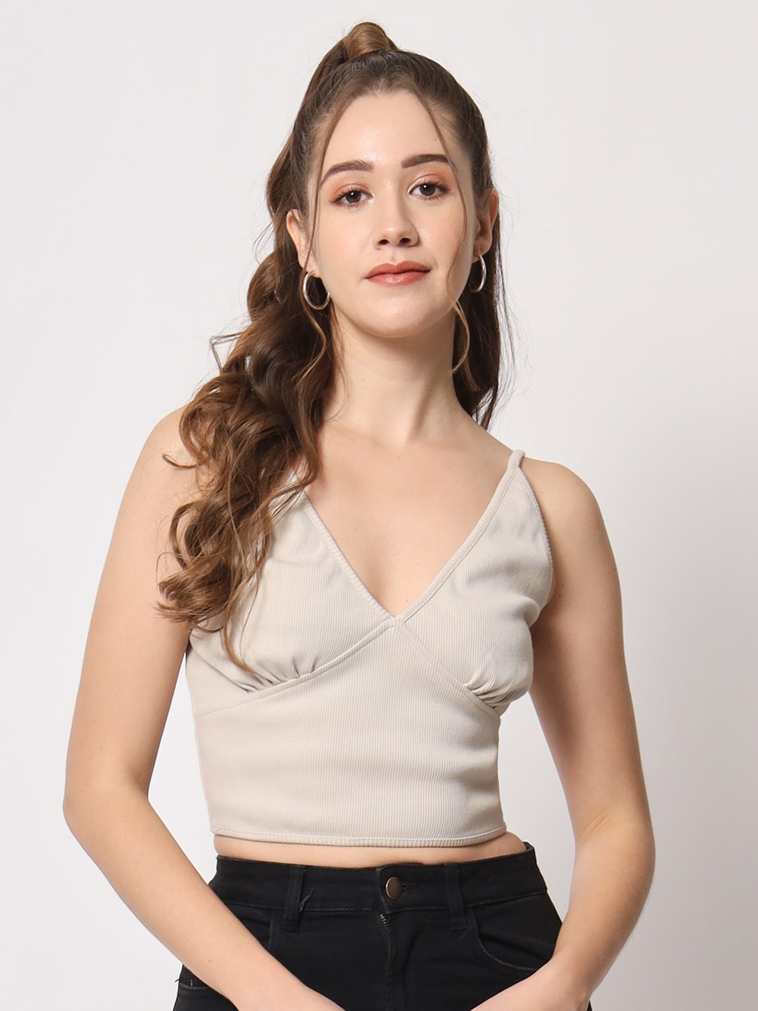 

CHARMGAL Shoulder Straps Cotton Crop Top, Cream