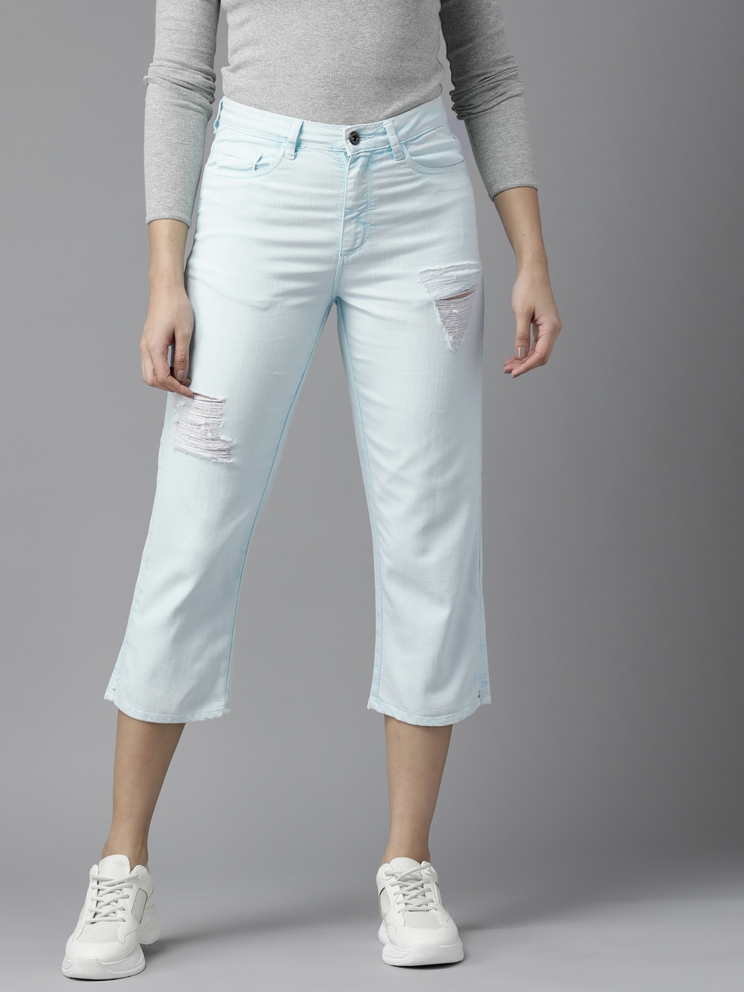 

Roadster Solid Denim High Distressed Capris, Turquoise blue