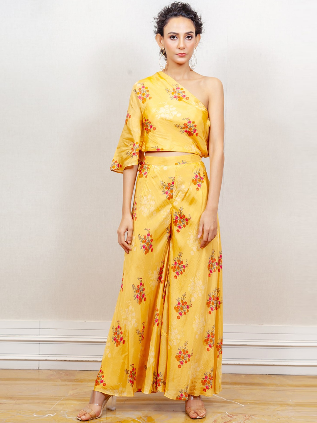 

Simaaya Floral Printed One Shoulder Co-Ords, Mustard