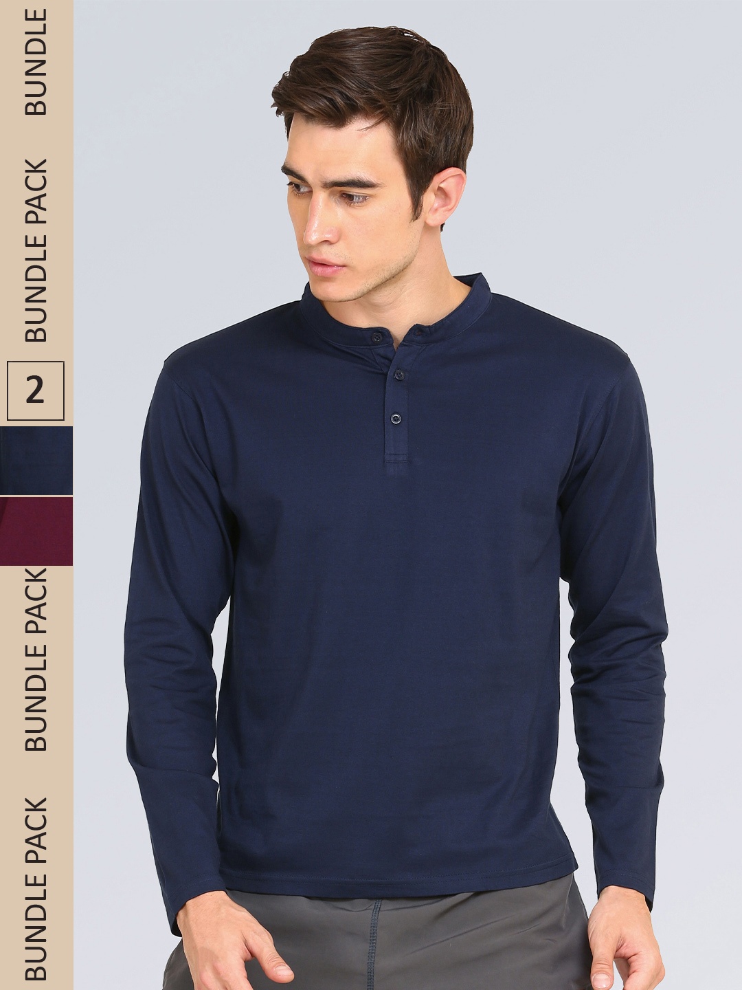 

appulse Pack of 2 Long Sleeve Henley Neck Slim Fit Cotton T-shirt, Navy blue