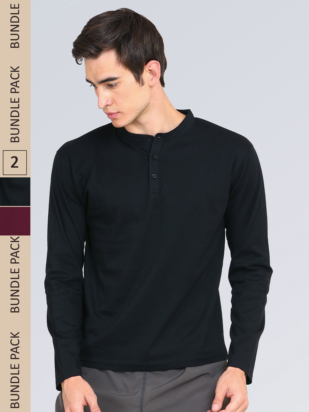 

appulse Pack Of 2 Mandarin Collar Slim Fit Cotton T-shirt, Black