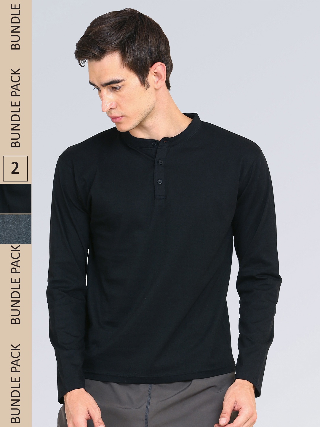 

appulse Pack Of 2 Henley Neck Slim Fit Cotton T-shirt, Black