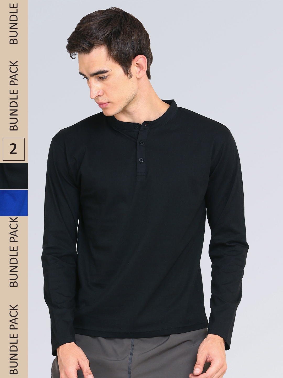 

appulse Pack Of 2 Long Sleeve Henley Neck Cotton T-shirt, Black