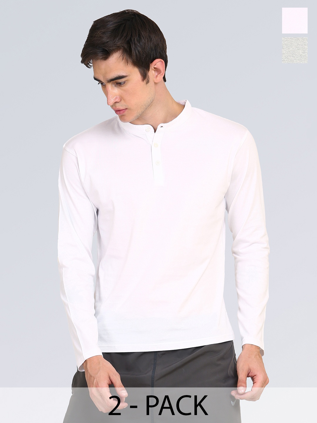 

appulse Pack Of 2 Long Sleeve Henley Neck Cotton T-shirt, White