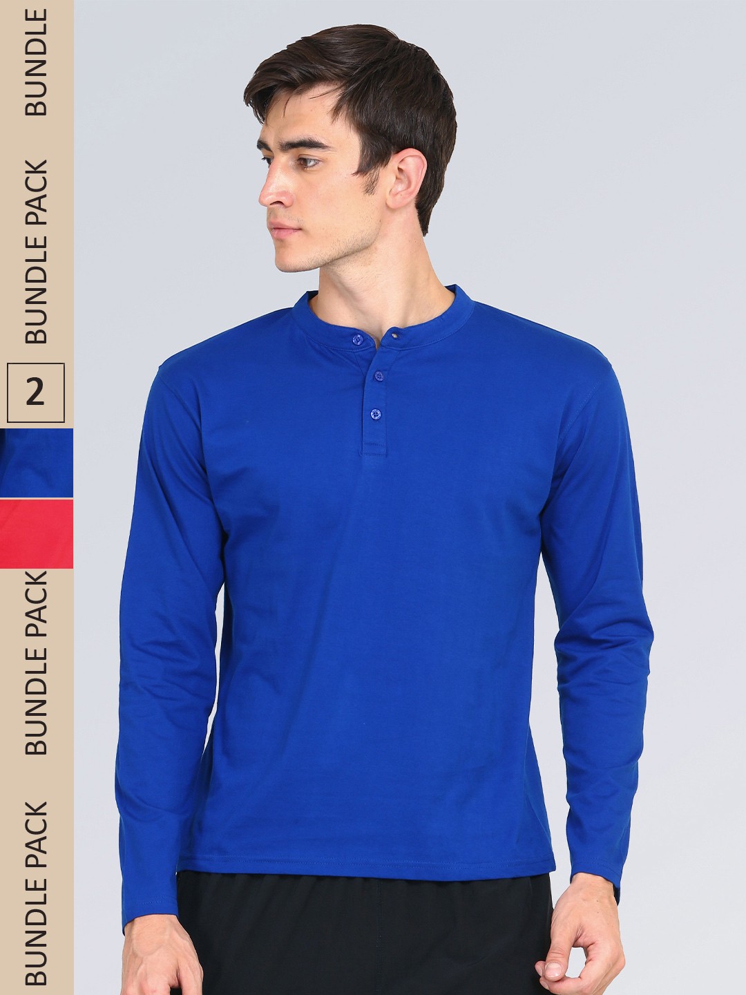 

appulse Pack Of 2 Long Sleeve Henley Neck Cotton T-shirt, Blue