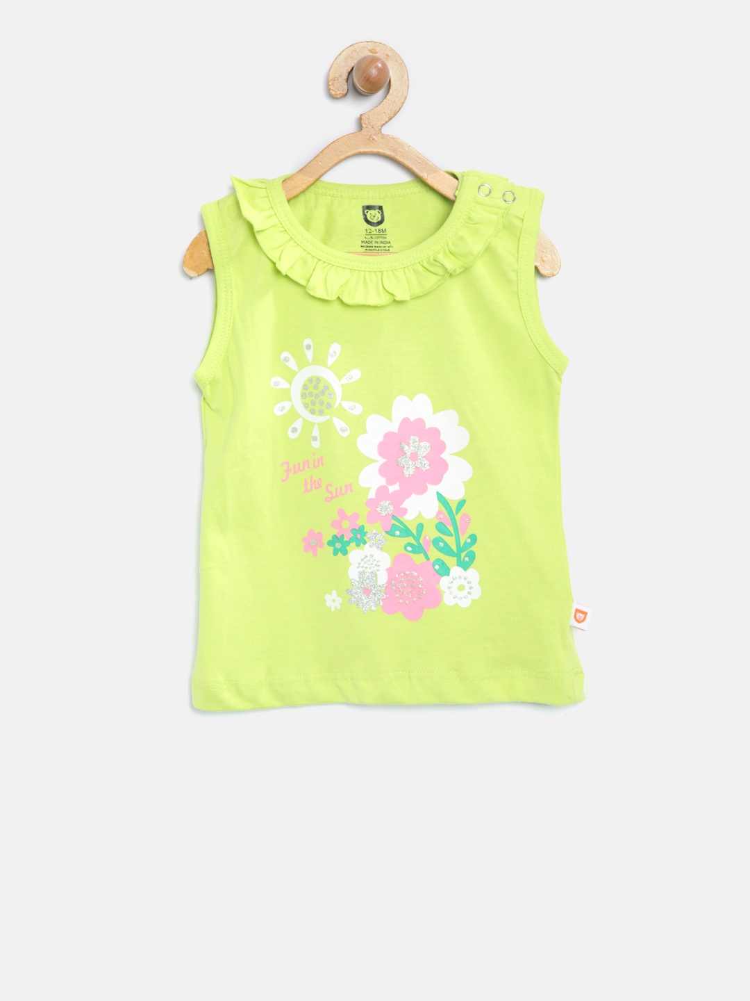 

612 league Girls Lime Green Printed Pure Cotton Top