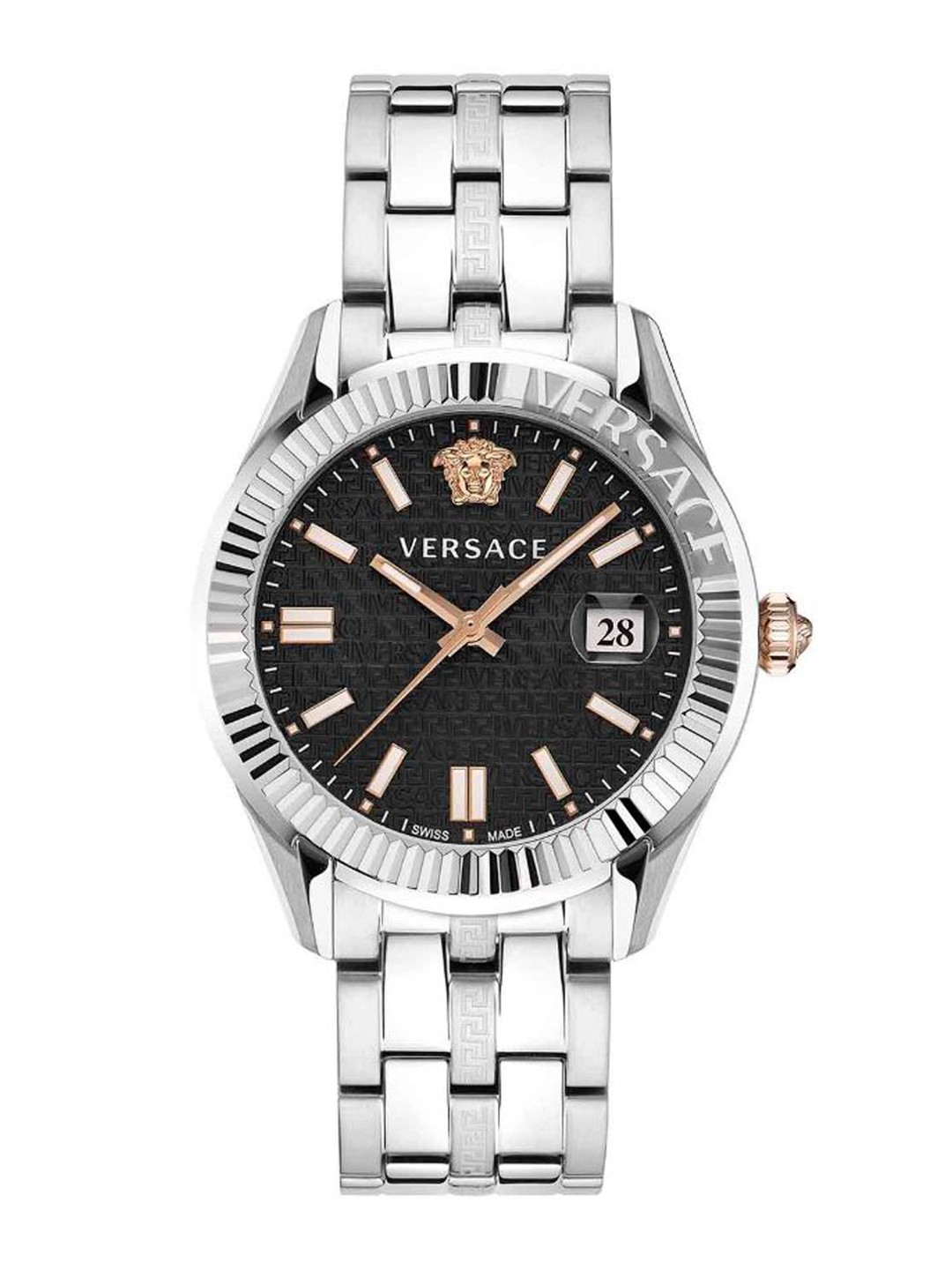 

Versace Men Embellished Dial & Stainless Steel Bracelet Style Straps Analogue Watch VE3K00322, Black