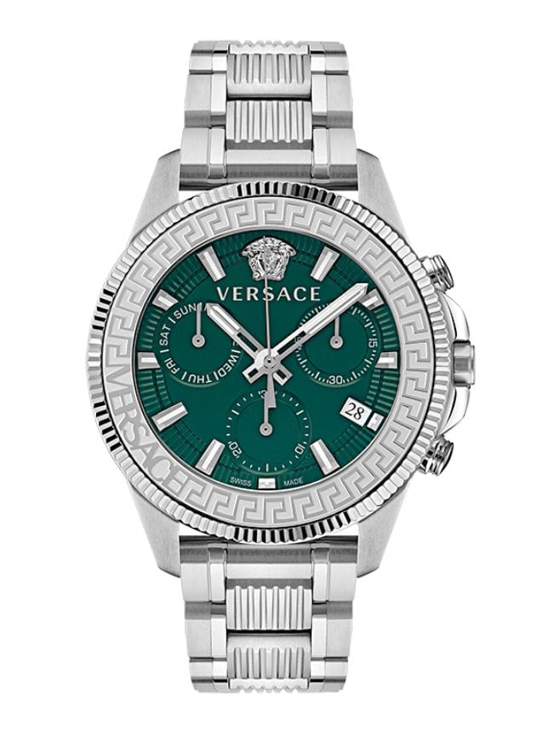 

Versace Men Embellished Dial & Stainless Steel Bracelet Style Straps Analogue Watch VE3J00422, Green