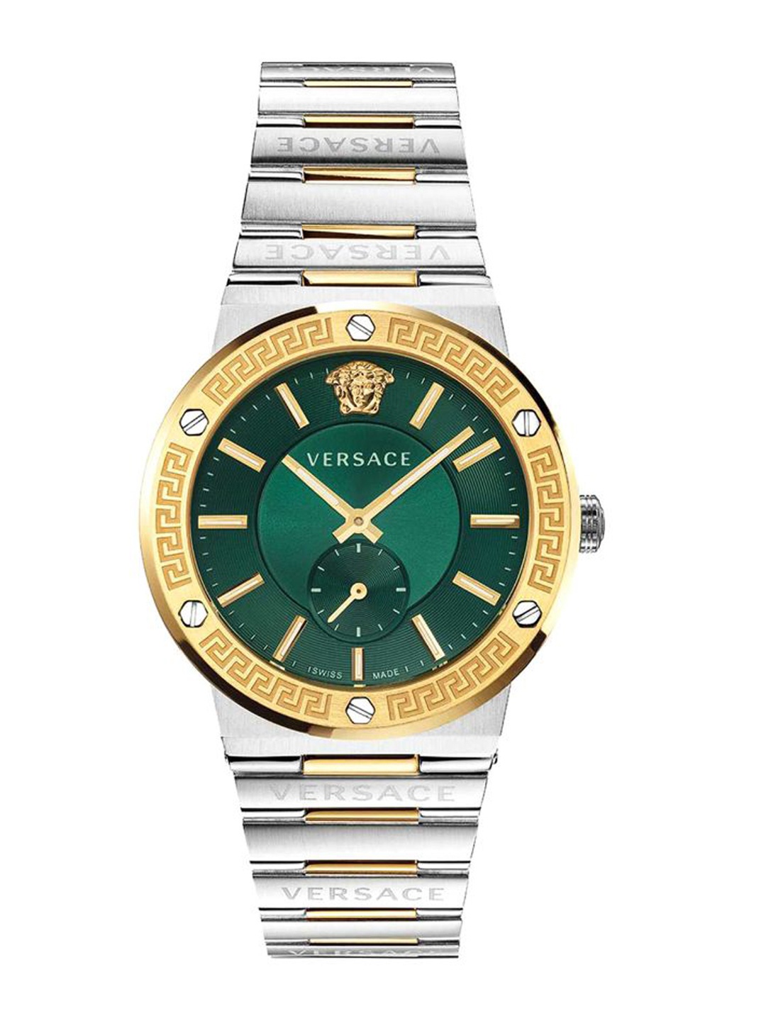 

Versace Men Embellished Dial & Stainless Steel Bracelet Style Straps Analogue Watch VEVI00420, Green