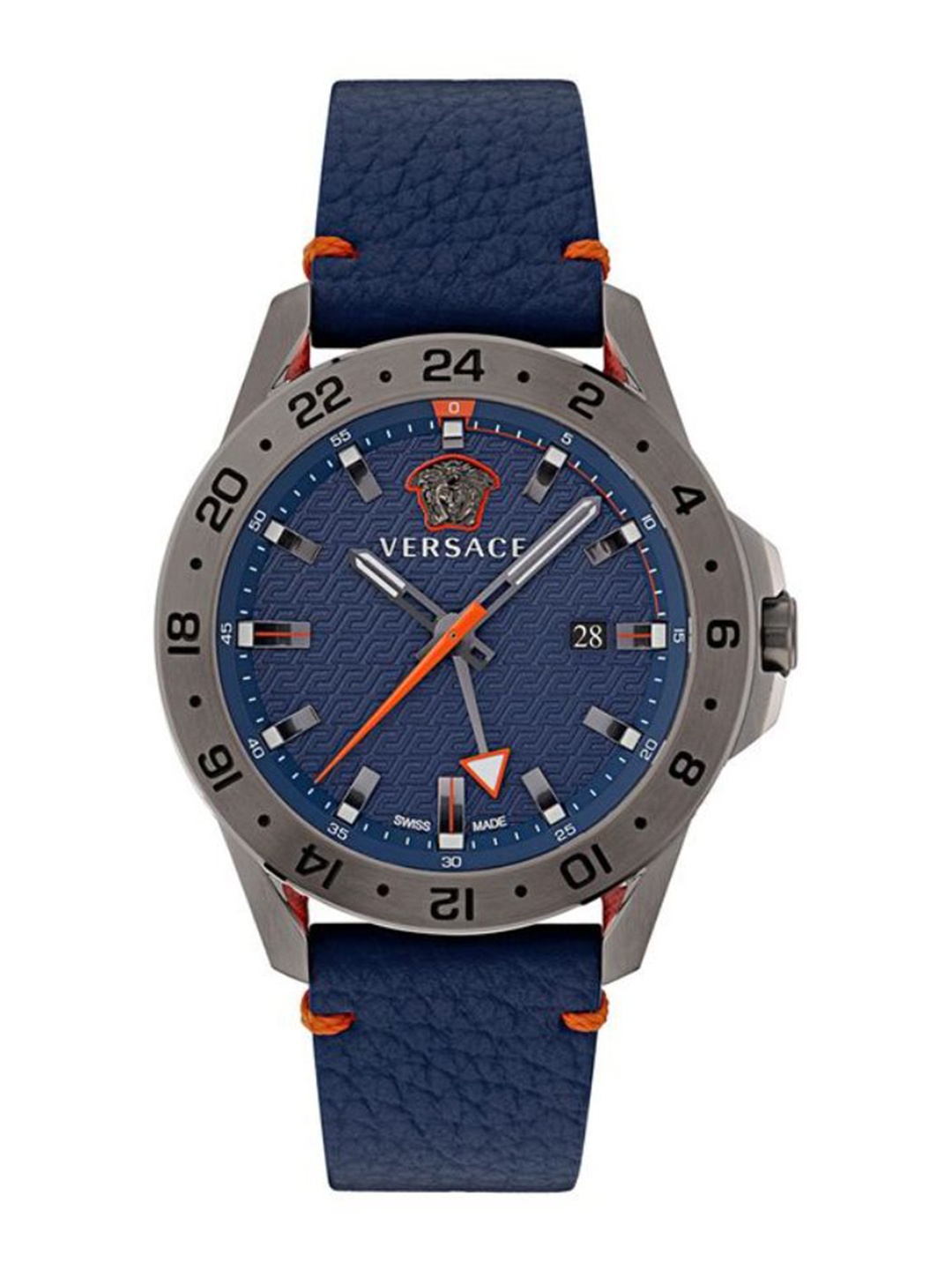 

Versace Men Embellished Dial & Leather Straps Swiss Made Analogue Watch, Blue