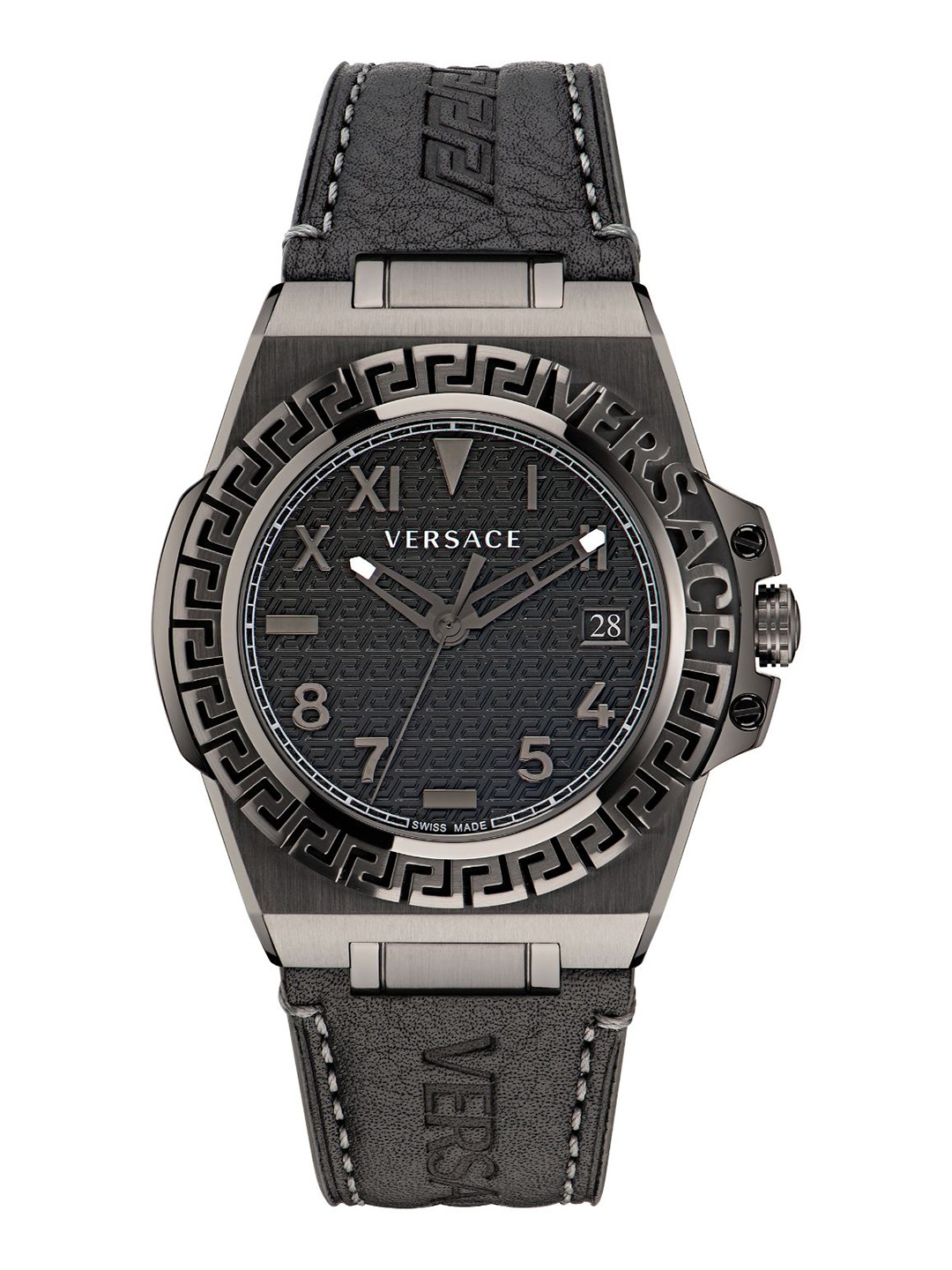 

Versace Men Embellished Dial & Leather Straps Analogue Watch VE3I00322, Black