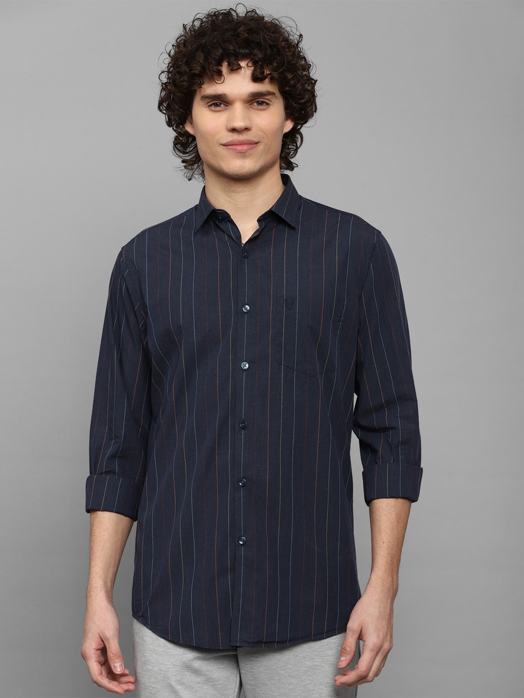 

Allen Solly Men Slim Fit Striped Casual Cotton Shirt, Navy blue
