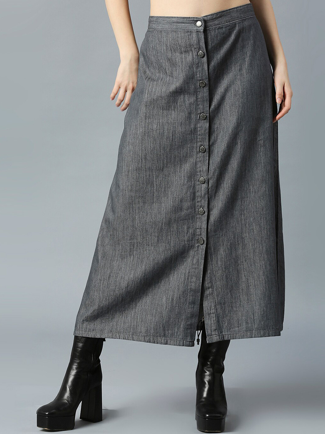

High Star Denim A-Line Midi Skirt, Grey