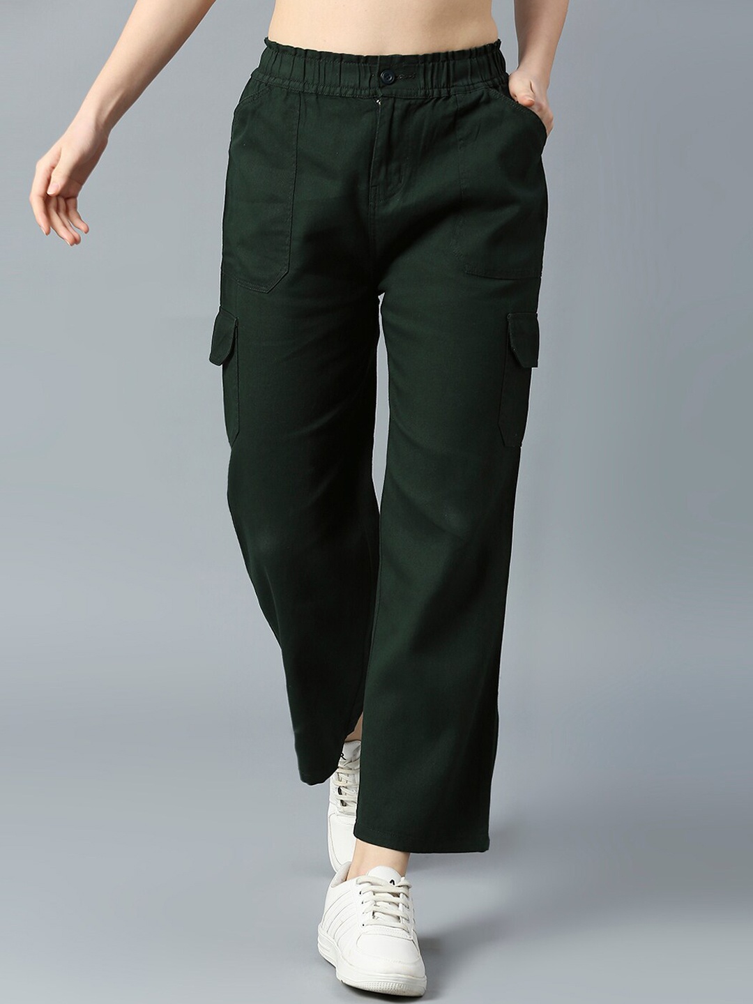 

High Star Women Pure Cotton Flared High-Rise Cargos Trousers, Olive