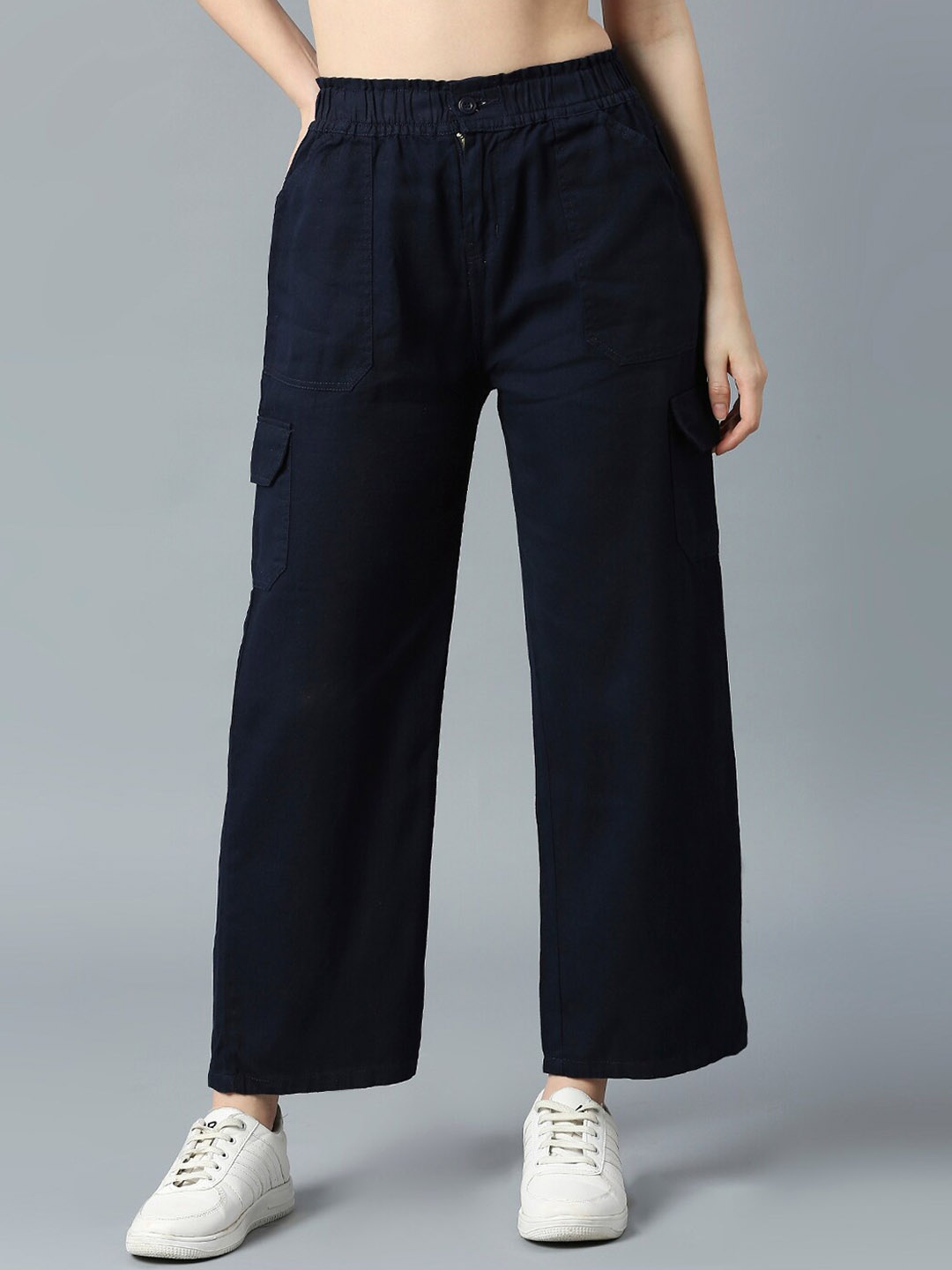 

High Star Women Denim Flared High-Rise Parallel Trousers, Navy blue