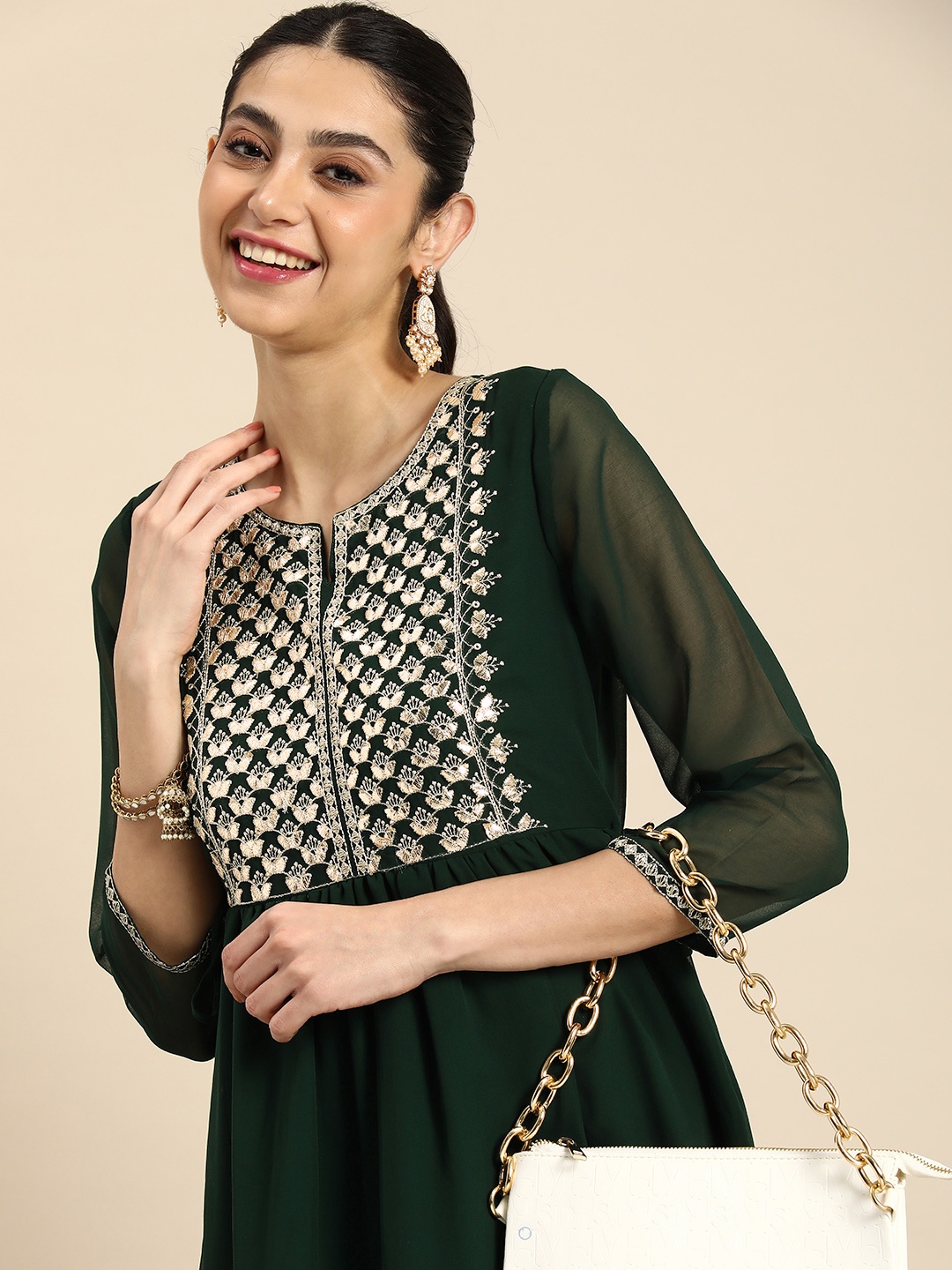 

Anouk Embellished Embroidered Georgette A-Line Midi Ethnic Dress, Green