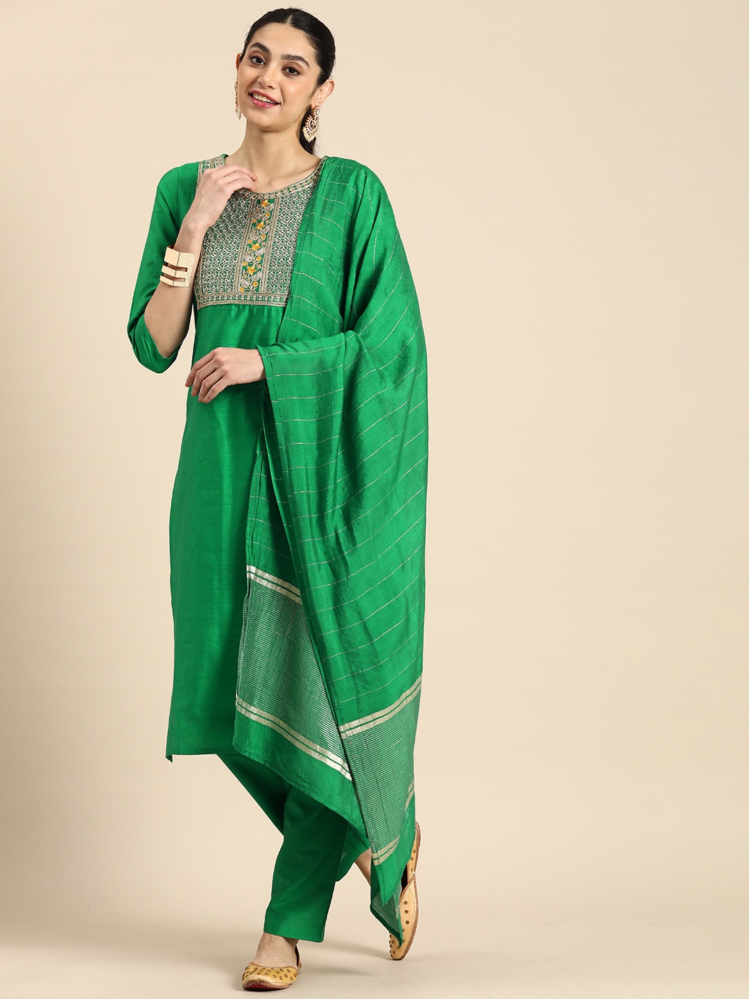 

Anouk Ethnic Motifs Embroidered Sequinned Raw Silk Kurta With Trousers & With Dupatta, Green