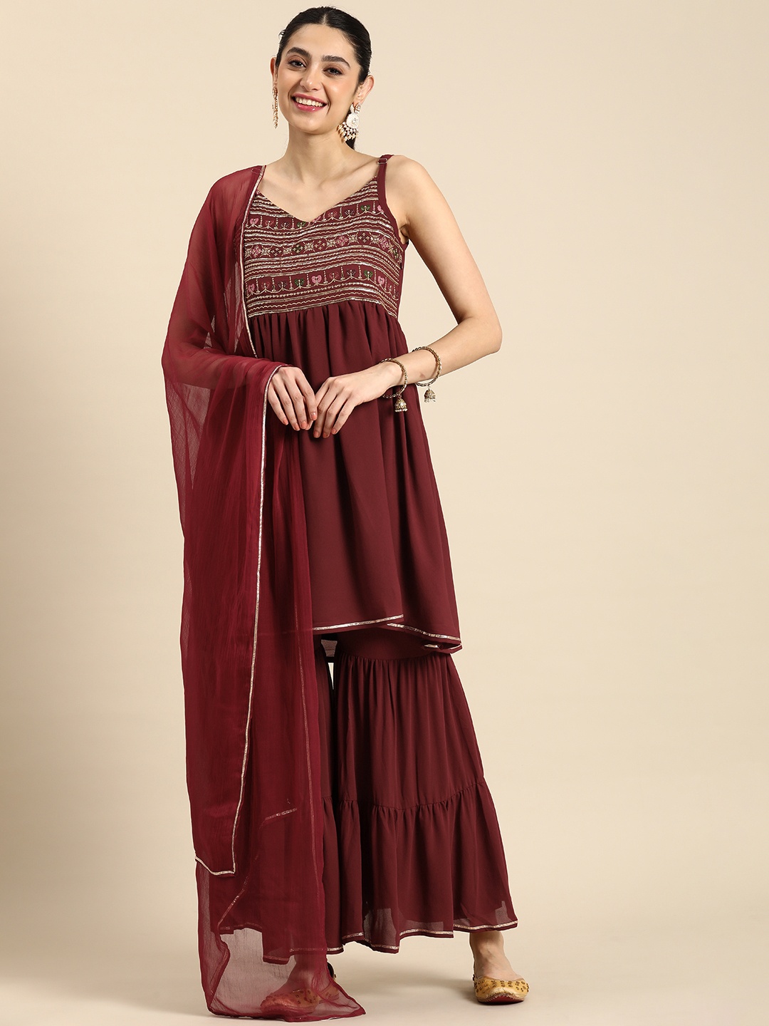 

Anouk Ethnic Motifs Embroidered Anarkali Sequinned Kurta With Sharara & With Dupatta, Maroon
