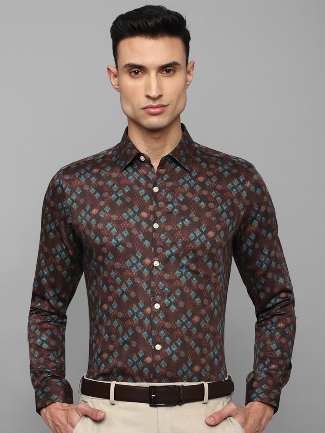 Louis Philippe Men Slim Fit Floral Printed Formal Cotton Shirt, Brown