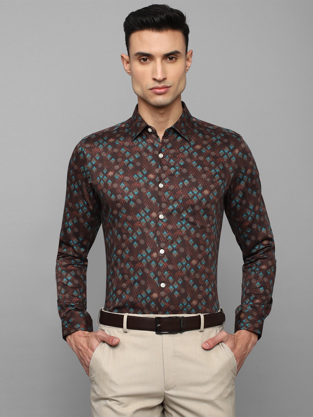 Louis Philippe Men Slim Fit Floral Printed Pure Cotton Formal Shirt, Brown
